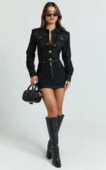 Fabia Mini Dress - Denim Hardware Button Front Fitted Shirt Dress in Dark Wash