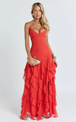 Maeve Maxi Dress - V Neck Ruffle Tier Slip Dress in Chilli