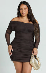 Clyde Mini Dress - Mesh Off Shoulder Ruched Bodycon Dress in Chocolate