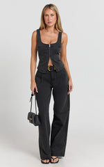 Bellerose Top - Front Zip Denim Fitted Top in Washed Black