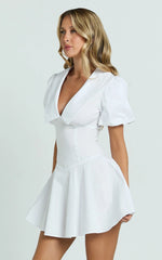 Lucy Mini Dress - Deep V Oversized Collar Puff Sleeve A Line Dress in White