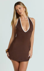 Allura Mini Dress - Deep V Halter Neck Tie Back Dress in Chocolate