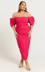 Lohan Midi Dress - Off Shoulder Puff Sleeve in Berry