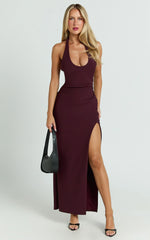 Ruby Maxi Dress - Halter Scoop Neck Low Back Bodycon Dress in Wine