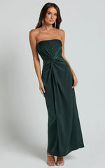 Hathaway Maxi Dress - Strapless Straight Neck Twist Front Split in Emerald