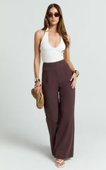 Narcisa Pants - Linen Look High Waist Bootleg Pants in Chocolate