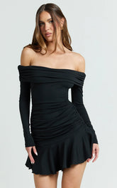 Ophelia Mini Dress - Off Shoulder Flip Skirt Jersey Ruched Dress in Black