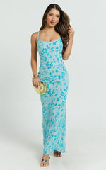 Robbie Maxi Dress - Strappy Scoop Neck Column Fitted Sequin Mesh Dress in Blue