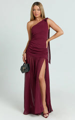 Behati Maxi Dress - One Shoulder Cut Out Fit And Flare Dress in Wine
