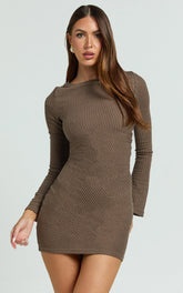 Brenda Mini Dress - Boat Neck Rib Knit Bodycon Dress in Mocha