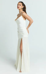 Flynn Maxi Dress - Asymmetric Neck Sheer Skirt Dress in Ivory
