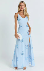 Aurora Maxi Dress - Floral Sequin Cowl Neck Dress in Baby Blue