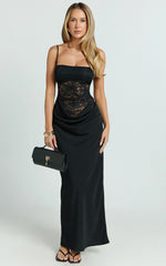 Rania Maxi Dress - Contrast Lace Bodice Bias Cowl Drop Waist Dress in Black