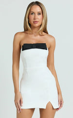 Adora Mini Dress - Strapless Bow Detail Split Dress in White
