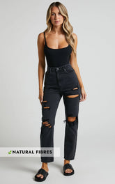 Billie Jeans - High Waisted Cotton Distressed Mom Denim Jeans in Black Wash