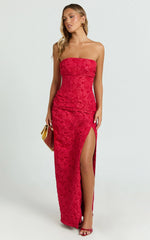 Berri Maxi Dress - Strapless Jacquard High Split Dress in Red
