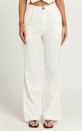 Bree Pants - Linen Mid Rise Relaxed Straight Leg Tailored Trousers in White
