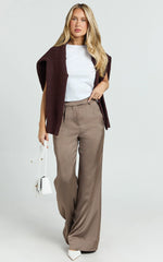 Cade Pants - Mid Waisted Front Pleat Satin Wide Leg Pants in Taupe