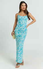 Robbie Maxi Dress - Strappy Scoop Neck Column Fitted Sequin Mesh Dress in Blue