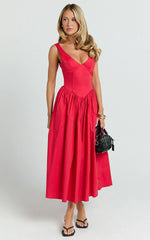 Beckett Midi Dress - Scoop Neck Drop V Waist Gathered Skirt Dress in Red