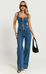 Bellerose Top - Front Zip Denim Fitted Top in Dark Blue Wash