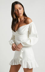 Cant Move On Off Shoulder Mini Linen Blend Dress in White Linen Look