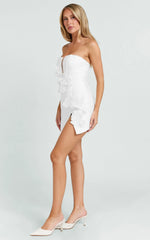 Dolores Mini Dress - Strapless Plunge Bodycon Leg Split Dress in White