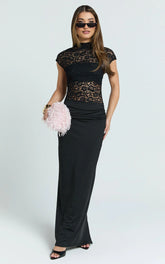 Ellen Maxi Dress - Lace Square Neck Contrast Skirt Dress in Black