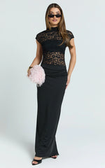 Ellen Maxi Dress - Lace Square Neck Contrast Skirt Dress in Black