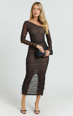 Ellen Midi Dress - Asymmetric Mesh Ruched Bodycon Dress in Brown