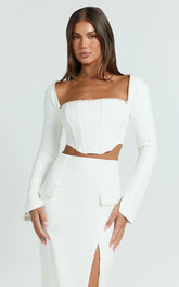 Clarissa Top - Square Neck Pearl Trim Long Sleeve Top in Off White