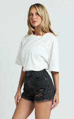 Mindae Shorts - Recycled Cotton Ripped Denim Shorts in Washed Black