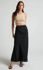 Collins Midi Skirt - Linen Look High Waisted Linen Look Bias Slip Skirt in Black