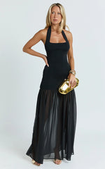 Barbara Maxi Dress - Halter Scoop Neck Contrast Georgette Dress in Black