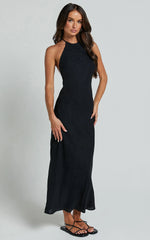 Cyrena Maxi Dress - Linen Halter Neck Sleeveless Slip Dress in Black