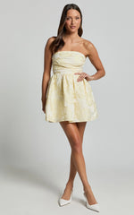Laure Mini Dress - Strapless Jacquard Dress in Lemon