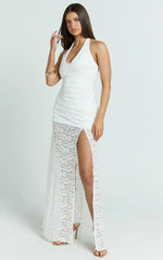 Ellen Midi Dress - Plunge Neck Lace Frill Hem Dress in White