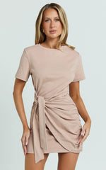 Candace Mini Dress - Faux Wrap Shift Dress in Beige