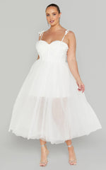 Aisha Midi Dress - Bustier Bodice Tulle Dress in White