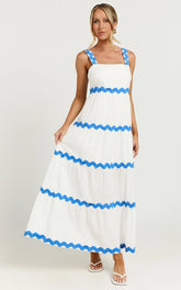 Brenda Midi Dress - Sleeveless Straight Neck Wave Detail A Line Dress in White
