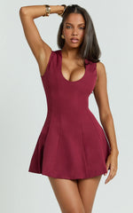 Larah Mini Dress - Low Scoop Neck A Line Dress in Cherry