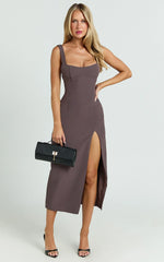 Aretha Midi Dress - Square Neckline High Split Dress in Mocha
