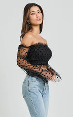 Carly Top - Long Sleeve Off Shoulder Tulle Top in Black