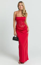 Rania Maxi Dress - Contrast Lace Bodice Bias Cowl Drop Waist Dress in Red