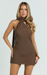 Maddox Mini Dress - Scarf Neck Low Tie Back Slip Dress in Brown