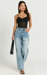 Cheryth Bodysuit - V Neck Strappy Sheer Corset Bodysuit in Black