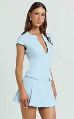 Darius Mini Dress - Cap Sleeve Slit Neck Fit And Flare Dress in Powder Blue