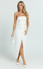Carson Midi Dress - Strapless Double Breasted Wrap Fitted Dress in Off White