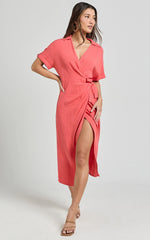 Carina Midi Dress - Linen Blend Short Sleeve Collared Wrap Dress in Orange