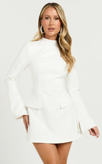Carlson Mini Dress - High Neck Sleeve Cocoon Skirt Dress in White